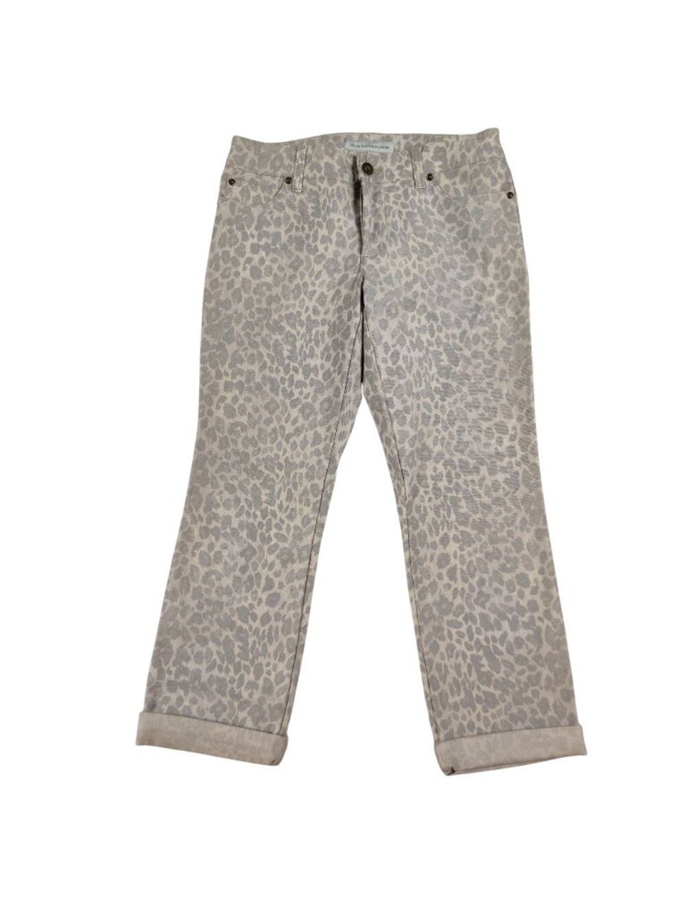 Chicos Platinum Denim Jeans 00 XS 2 Leopard Print Crop Cuff Animal Stretch Pant